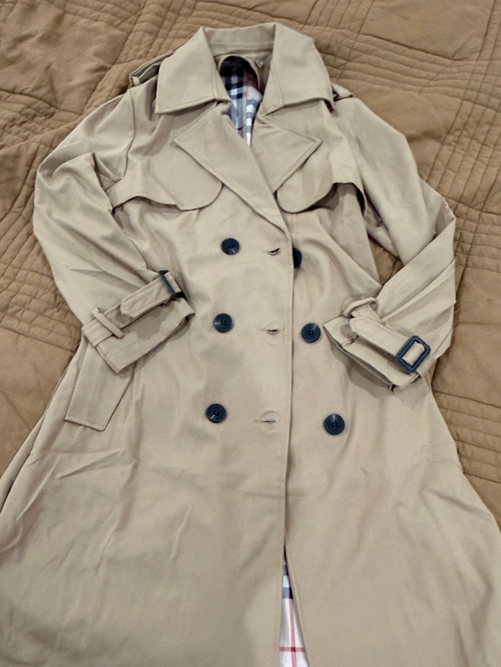 Burberry Style Trench Coat Size 6 Tan Nova Check Lining Double Breasted - DOOP